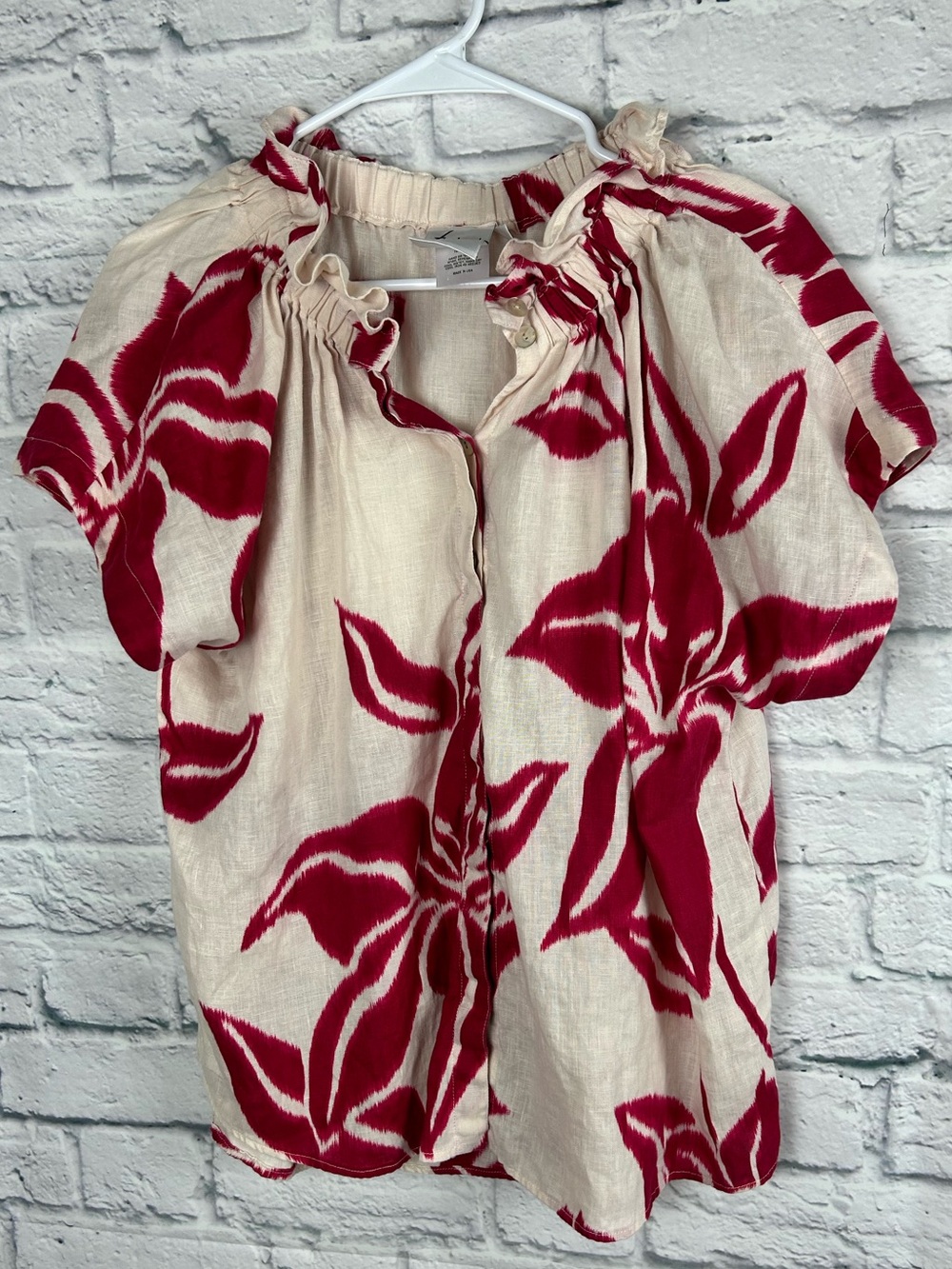 Finley Linen Floral Blouse Size Small Pink Cream Made in USA